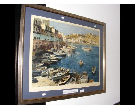 A signed Limited Edition coloured print "The Port of Ponza" by EDWARD BRIAN SEAGO - with Artist's proof stamp 