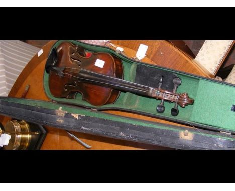 Old violin with bow in carrying case CONDITION REPORTLength of back - 37cms including button