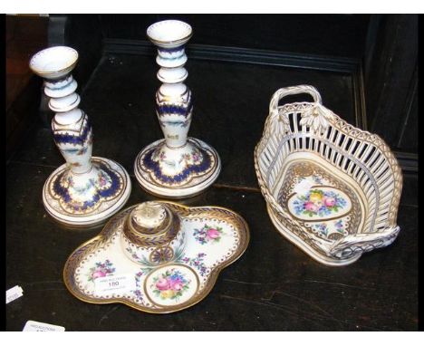 Dresden ceramic hand painted inkwell, candlesticks, pierced basket CONDITION REPORTgood condition no signs of damage or repai