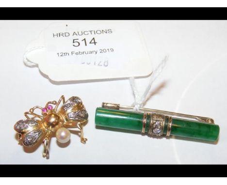 A decorative diamond and ruby pearl inset brooch, together with a diamond and jade baton brooch CONDITION REPORTjade brooch 6