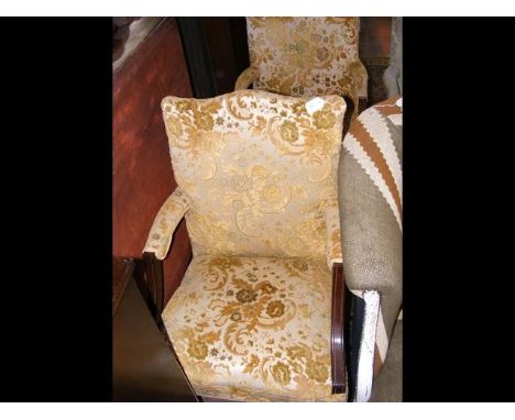 A pair of gold brocade armchairs, together with a matching chair in light green material  