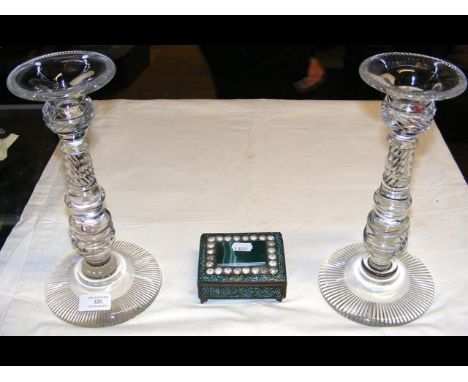 A near pair of 19th century glass candlesticks - 29cm high, together with a small decorative trinket box 
