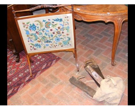 Wooden fire screen, together with old tools 