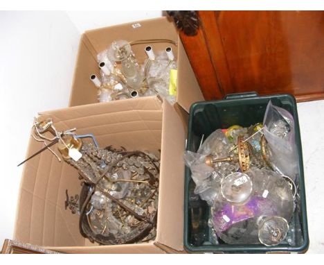 Three boxes containing crystal light fittings in various conditions 