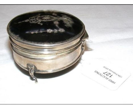 A silver inlaid circular trinket box - 7cm 