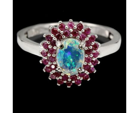 A 925 silver opal and ruby set cluster ring, (N.5).