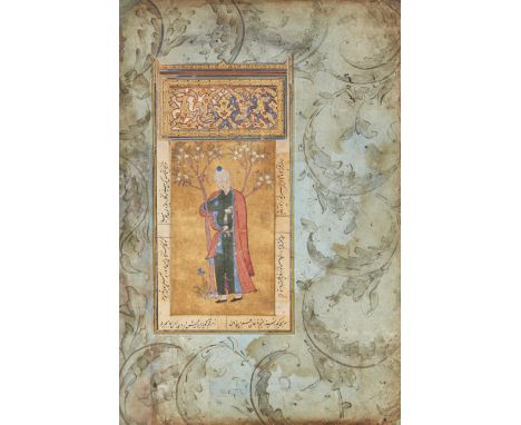 A standing portrait of a courtier,Safavid revival style, 20th century, the margins 17th century,Opaque pigments on paper, rec