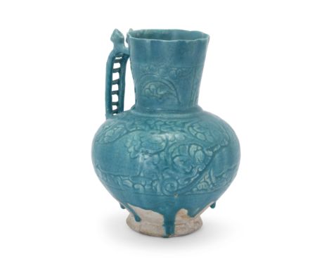 To Be Sold With No ReserveAn incised turquoise blue glazed globular pottery jug with felines,Iran, 12/13th century with later
