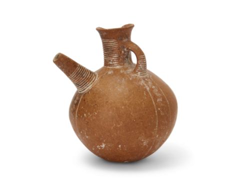 An intact Amlash orange-brown pottery flask,North Iran, late 2nd-early 1st Millennium B.C.,with globular body, tall, slightly