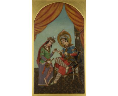 To Be Sold With No ReserveTwo lovers,Iran, circa 1900 or laterOil on canvas, he sitting in princely regalia holding a scepter