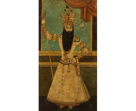 To Be Sold With No ReserveA standing portrait of Fath 'Ali Shah,20th centuryprint on canvas, depicting the shah in imperial r