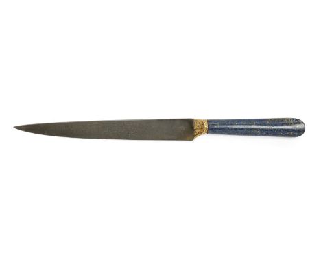 A lapis lazuli hilted and gold inlaid watered-steel dagger (kard),Iran, Safavid, 18th century and later,The heavily molted ea
