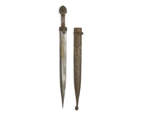 A gilt silver nielloed and gold damascened dagger (kinjal),Georgia or Daghestan, Dated 1324AH/1906-7AD,The single fullered st