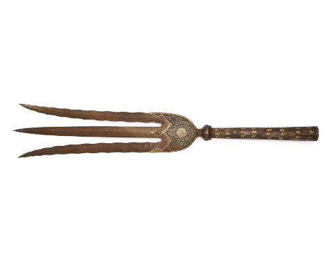 A ceremonial damascened watered steel trident,Qajar Iran, 19th century,The floral gold inlaid and facetted shaft tapering to 