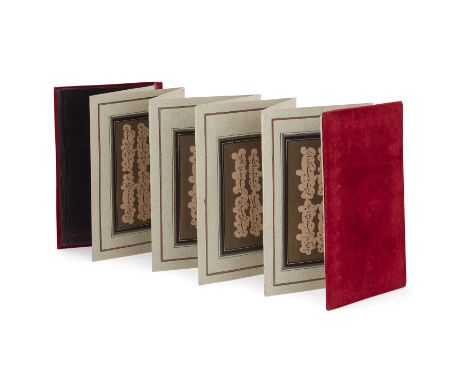 A calligraphic album,Qajar Iran, circa 19008 calligraphic panels each with 2ll. of black nasta'liq in cloud band on a gold re