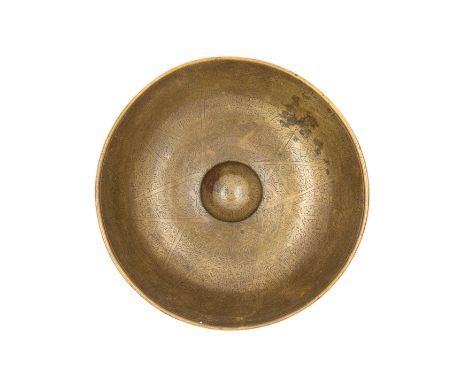 An engraved calligraphic copper alloy magic bowl, Zand or Qajar Iran, 18th-19th century, on short straight foot, engraved ove