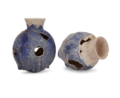 To Be Sold With No ReserveA cobalt-blue glazed fragmentary moulded flask and a cobalt-blue glazed fragmentary moulded bottle 