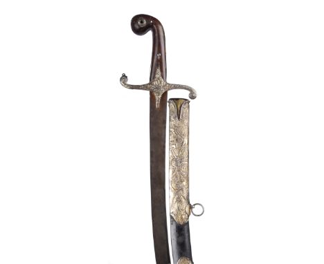 λ An eastern sword (shamshir), curved blade of watered steel 31 in.; hilt of kilij type with rhinoceros horn grip terminating