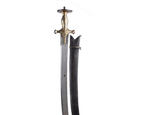 An Indian sword (tulwar), watered steel blade 29 in, and marked with a chhatri (umbrella symbol); steel hilt incised and gild