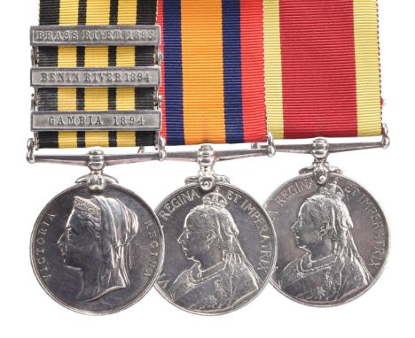 Three medals to Leading Seaman Richard Jones, Royal Navy: East and West Africa 1887-1900, 3 clasps: Gambia 1894, Benin River 
