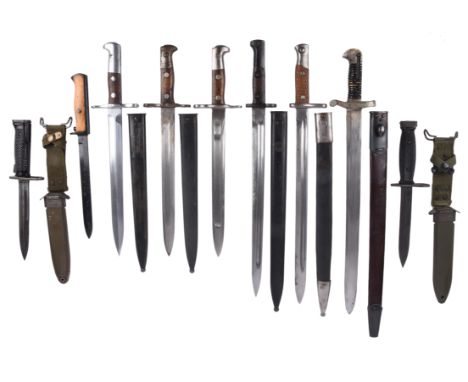 A quantity of bayonets, comprising: a Swiss model 1889, in steel scabbard with leather strap; a Swiss model 1899; a Swiss mod