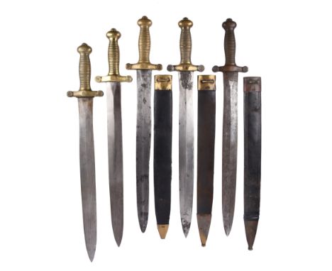 Five French model 1831 foot artillery sidearms, broad double edged blades, cast brass hilts of 'gladius' form with ribbed gri