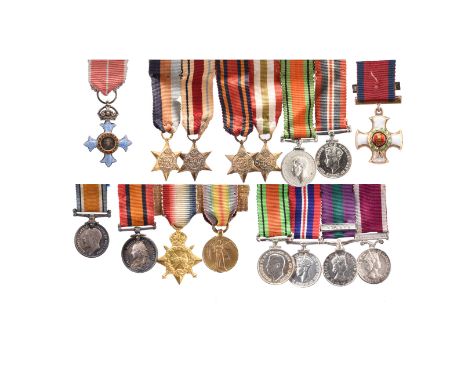 A small collection of dress miniature medals, comprising: D.S.O. and Bar, George V; C.B.E., breast badge; a mounted group of 