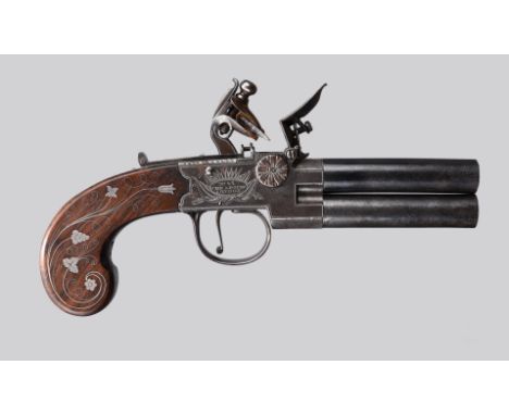 An English double barreled tap action 62 bore flintlock pistol, superposed turn off barrels 3.5 in., Ordnance private proof m