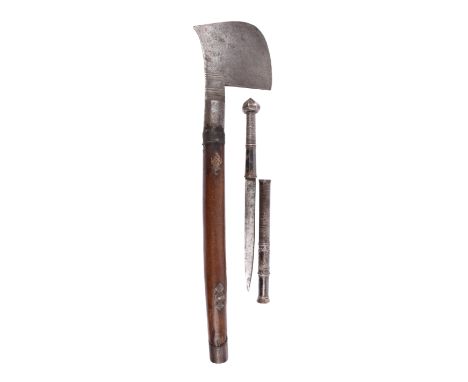 A Naga axe, short cleaver shaped blade with incised decoration, iron mounted wooden haft, Assam; together with a minature Sia