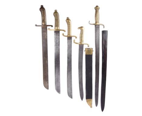 German States: five brass hilted infantry sidearms: Prussian model 1852, straight spear point blade 25 in., hilt with S-curve