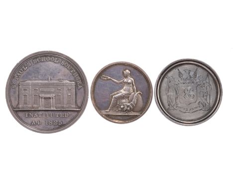 Three English silver educational prize medals: St Paul's School Southsea, struck, 51mm, facade of the school, rev. wreath and