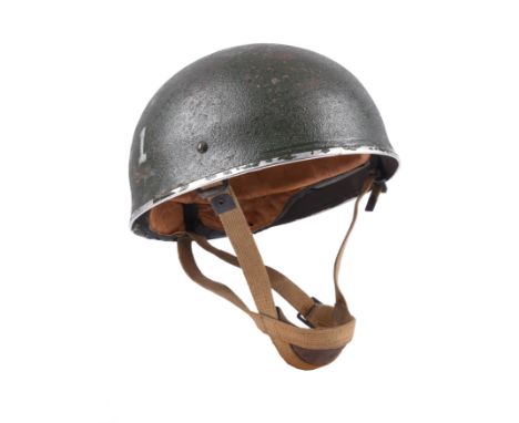 A Second World War British paratrooper's helmet, numeral '1' painted to the side, complete with fabric and foam liner includi