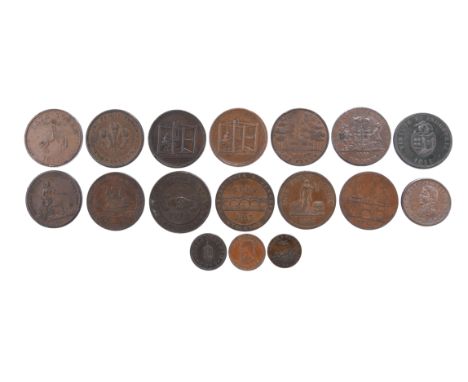A small quantity of 19th century tokens: pennies (13), halfpennies (1), and farthings (3), including: Bath token 1811 (sheep 