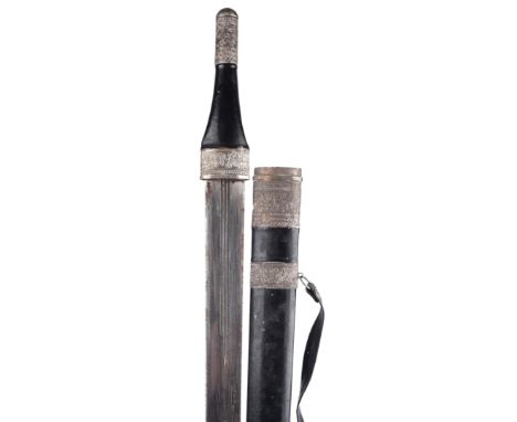 A Omani sword (kattara), double edged blade 32.5 in. with rounded tip; silver repousse mounted hilt with leather grip; leathe