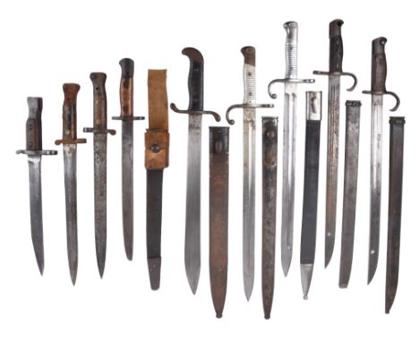 A quantity of edged weapons, comprising: two British pattern 1888 bayonets, an India bayonet in scabbard with canvas frog, a 