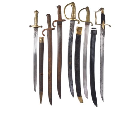 Six 19th century continental military edged weapons: a French cavalry officer's sword with cut-down blade 23.5 in., ornate br