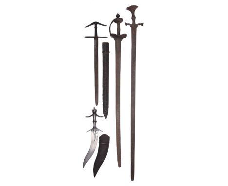 South Indian edged weapons (4): a dagger (chillanum), double edged blade 26.5 in., iron hilt with long crosspiece echoed by t