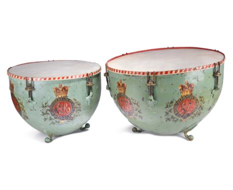 Worcester Local Militia: a pair of late Georgian or Regency kettle drums (timpani), painted copper bowls each emblazoned with