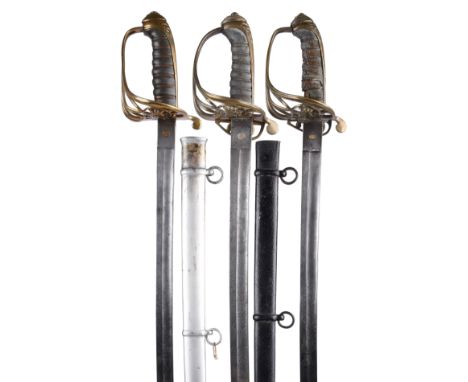 Three British 1845 pattern infantry officer's swords, each with slightly curved and fullered blade having etched decoration i
