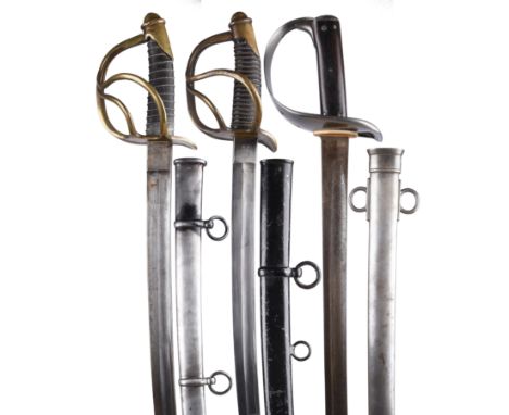 A British 1885 pattern cavalry trooper's sword, fullered blade 34.5 in., sheet steel guard with 'Maltese Cross' piercing, rep