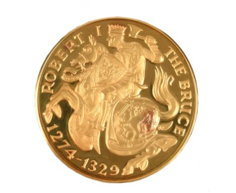 The National Trust for Scotland: Battle of Bannockburn 700th Anniversary, a 22 carat gold medal, 57 mm, equestrian portrait o