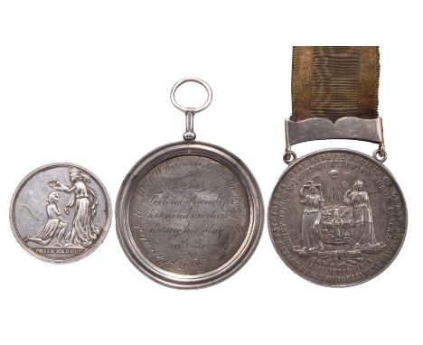 Three silver presentation medals: Wit's Magazine, 36mm, woman presents kneeing man with a wreath, rev. female sphinx, edge en