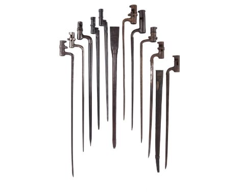 A collection of socket bayonets, including a British land pattern type, a British example of 1853 type but with 18mm muzzle r