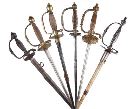 A collection of small swords, comprising: an 18th century smallsword, hollow triangular-section blade 32 in. and marked 'I.G.