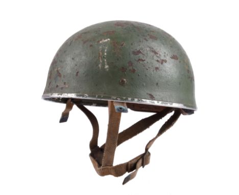 A Second World War British paratrooper's helmet, marked with a red triangle to the side, complete with fabric and foam liner 