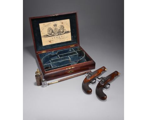 A cased pair of English 39 bore percussion travelling pistols by Sykes of Oxford, sighted octagonal barrels 4 in., top flats 