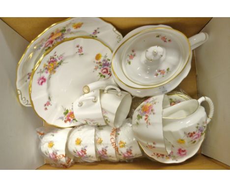 A Royal Crown Derby tea service, Posie teapot, milk, sugar, six cups and saucers, side plates, cake plate, bread and butter p