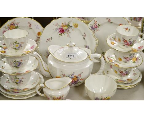 A Royal Crown Derby Posie tea service for Six with teapot, milk, sugar, bread and butter plate, cake plate, cups and saucers,