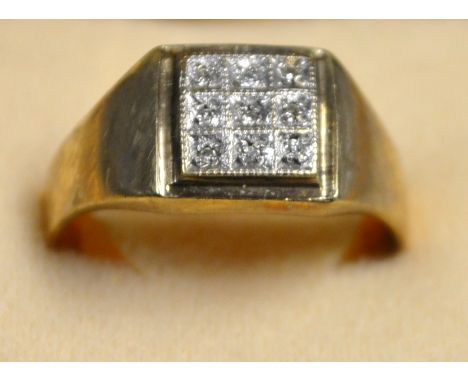 A Gentleman's nine stone diamond signet ring, the nine diamonds set in a checkerboard platform, 9ct gold shank, size T1/2, 4g