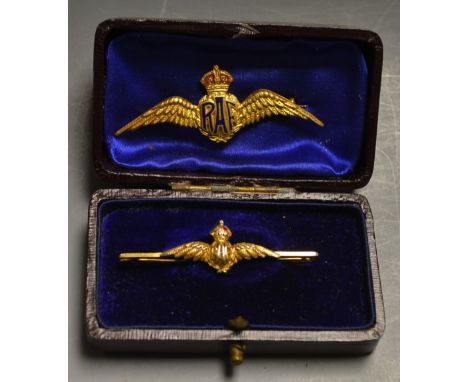 A RAF 9ct gold and enamel brooch; a RAF gilt and enamel brooch (2)